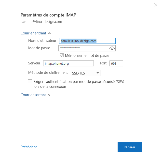 Outlook configuration serveur entrant