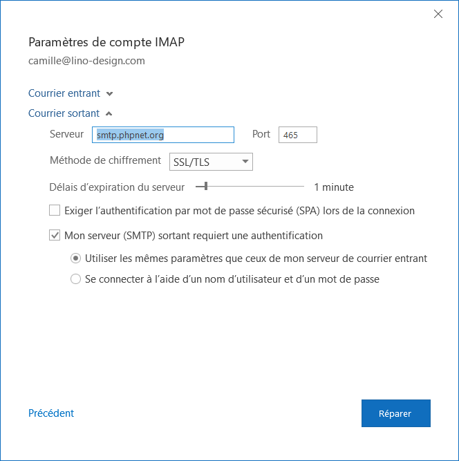 Outlook configuration serveur sortant