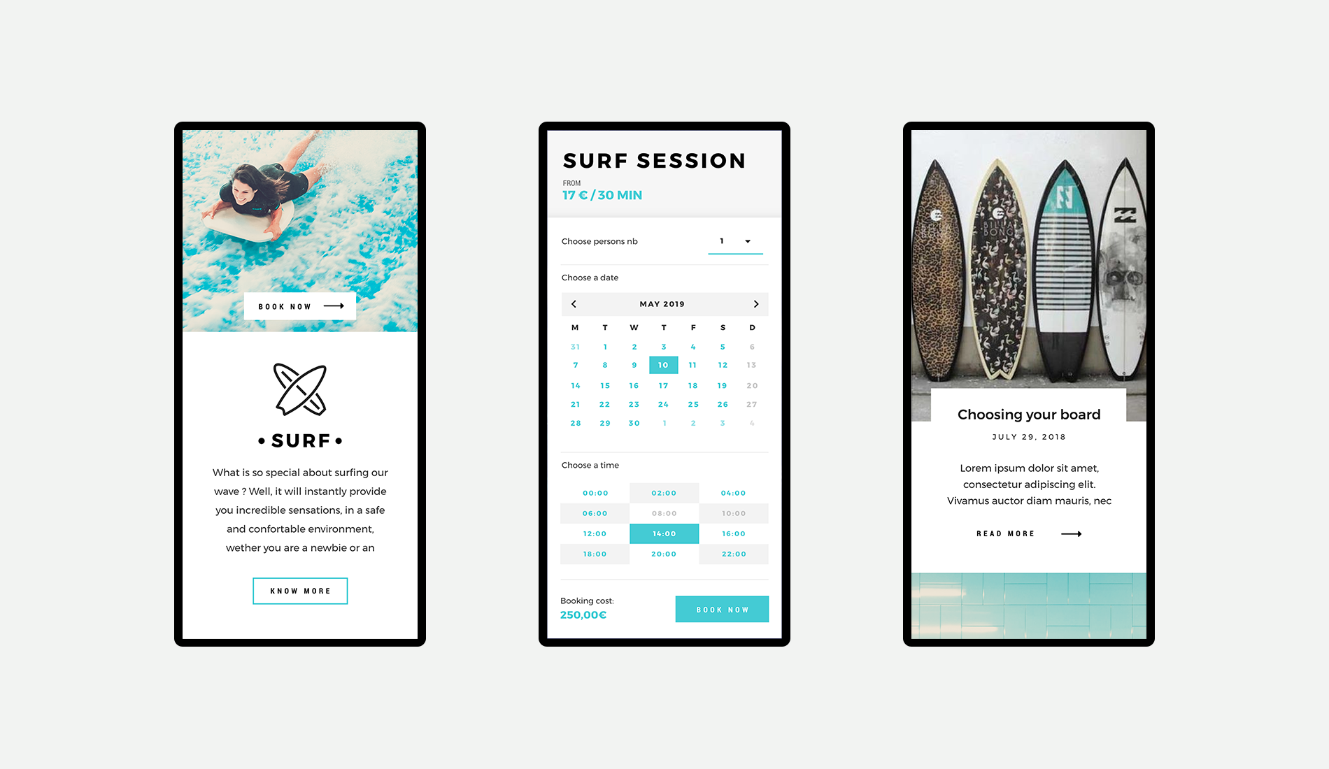 Création du prototype du web design pour un site web d'activité de surf